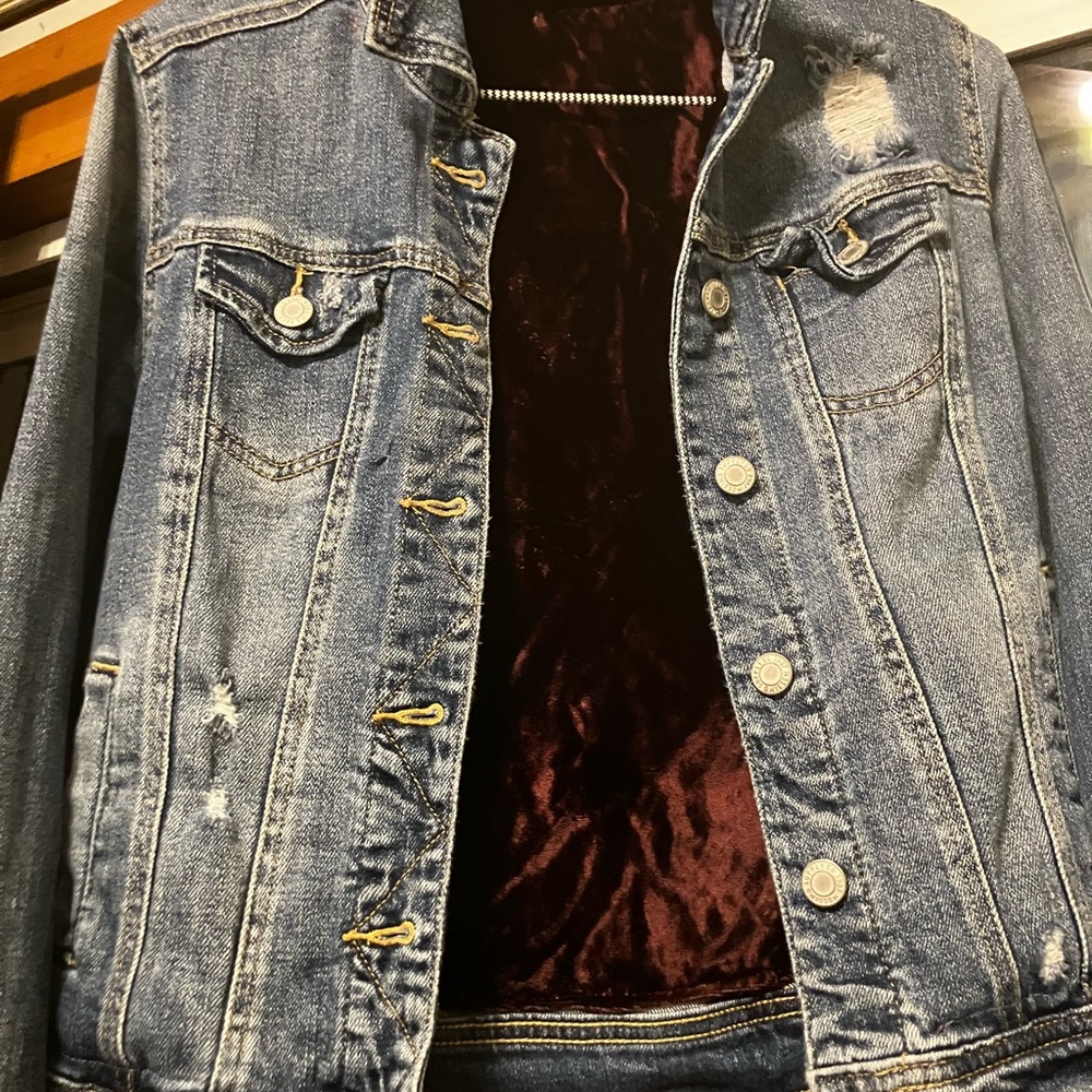 Women’s jean jacket w/ crow “Nevermore” on back, lined with maroon velvet - Picture 2 of 2